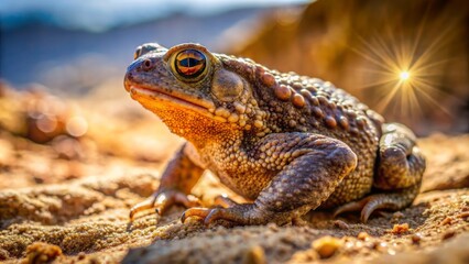 Obraz premium A solitary common toad slowly crawls across a sun-drenched, rugged sandy rock surface, its warty skin glistening in the bright light.