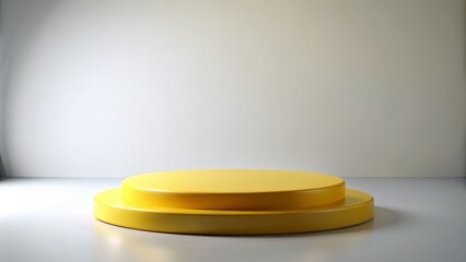 Isolated yellow circular podium with rounded edges stands alone on a clean white floor, symbolic of excellence and achievement.