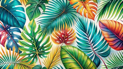 Vibrant tropical palm leaves with large fronds in flat design from top view evoking summer vibes in tetradic watercolor colors.