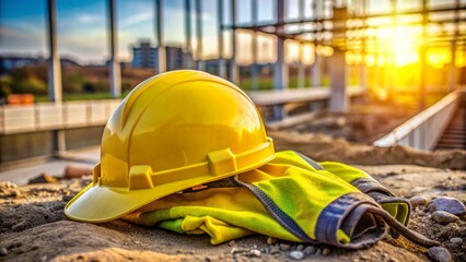 A yellow hard hat and safety vest lie abandoned on a construction site, symbolizing dedication to teamwork and professionalism.