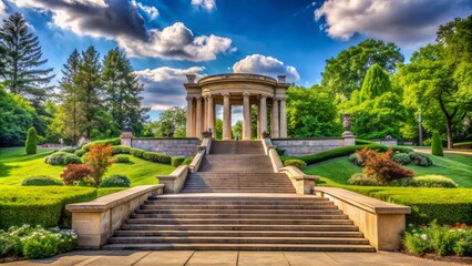 Majestic neoclassical monument rises above lush greenery surrounded by granite steps and elegant archways in Canton, Ohio's serene landscape.