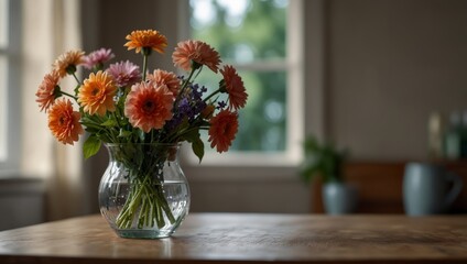 flowers in a vase on the table with copy space.