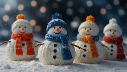 little knitted snowmans on soft snow on blue background.