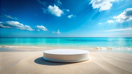 Vibrant summer beach scene featuring a modern 3D pedestal display stand on sandy shore amidst calm turquoise sea and clear blue sky.