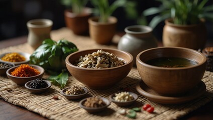 Various Chinese herbal medicines and a bowl of Chinese herbal medicine soup scattered on bamboo mats.