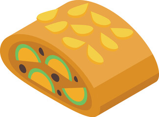 Delicious pie with filling and decoration is lying on white background