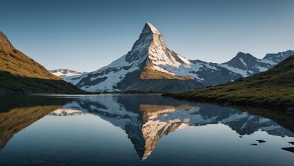 Naklejka premium Stunning image capturing the reflection of Matterhorn peak in the calm waters beneath, surrounded by alpine beauty.