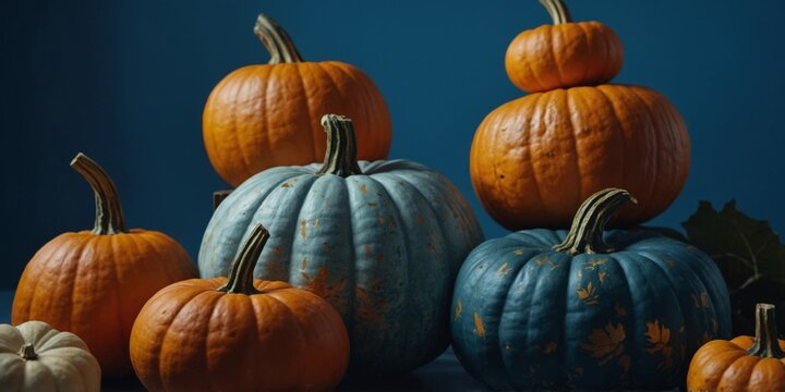 Different decorative pumpkins on blue background.