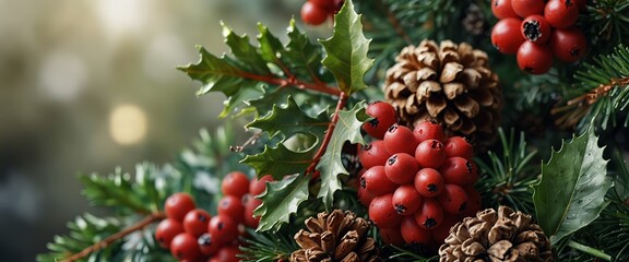 Christmas watercolor horizontal arranging with holly berries, spruce and pine cones.