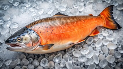 Freshly caught king salmon rested on a bed of crushed ice, its vibrant orange flesh glistening with morning dew.