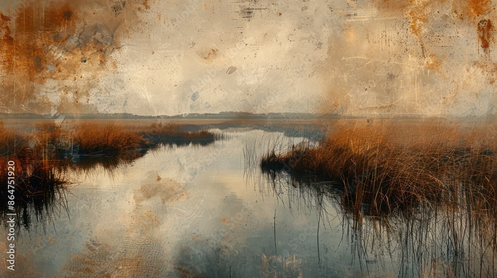 Poster A painting of a river with a few trees in the background