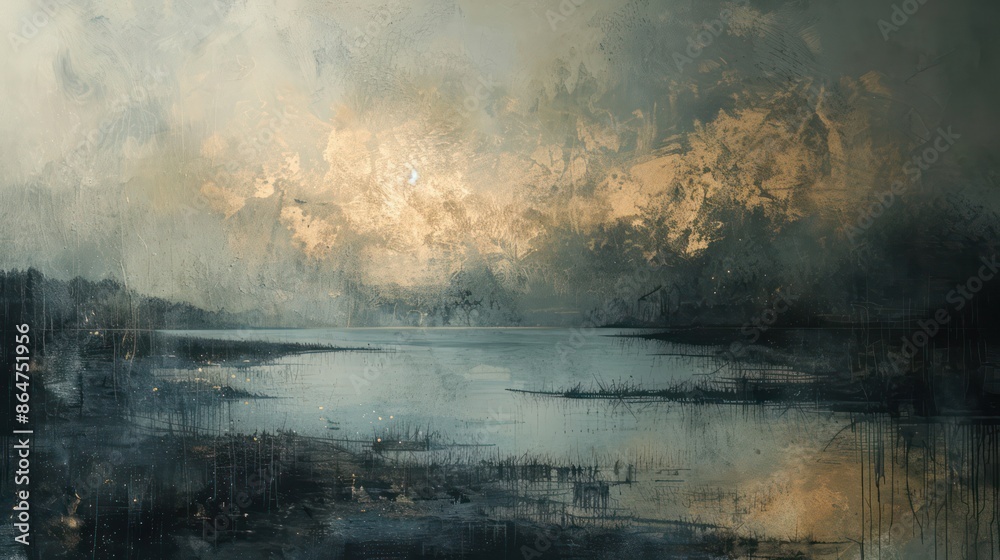 Aufkleber a painting of a lake with a cloudy sky and a bird flying over it