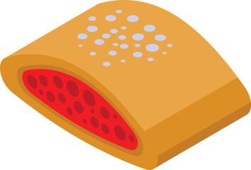 Sweet puff pastry rectangle filled with red jam and decorated with white sugar glaze is lying on white background