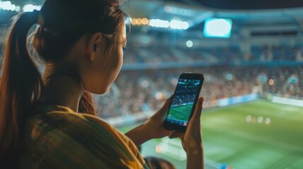 Woman watches soccer on phone at night in stadium