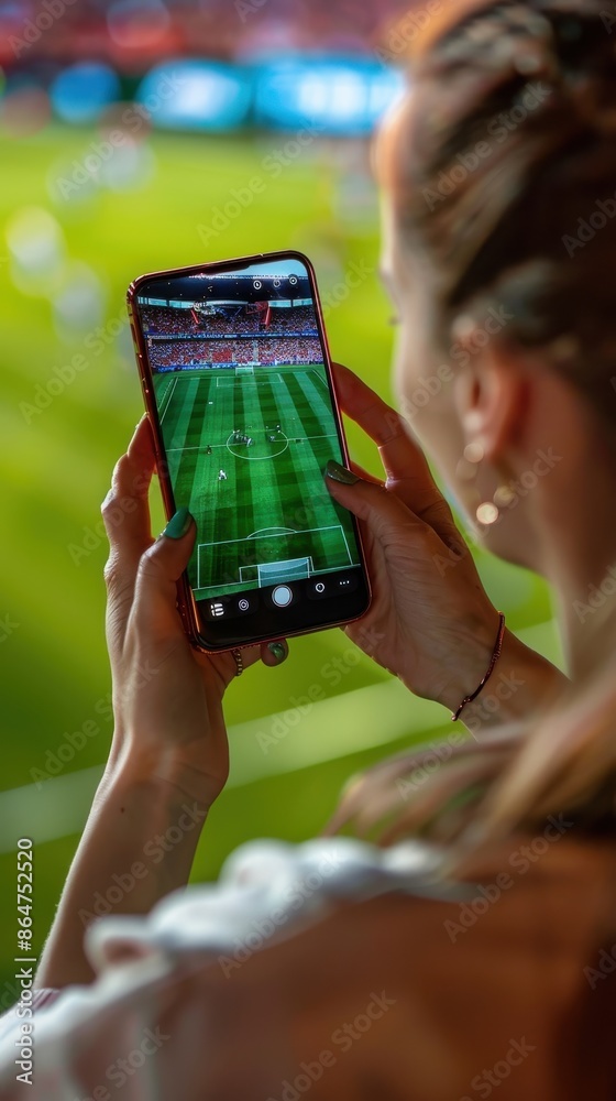 Wall mural a woman watches a soccer game on her phone at a stadium