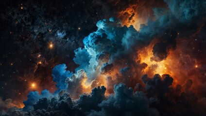 Colorful Nebula Cloud With Orange And Blue Stars In Space Background.