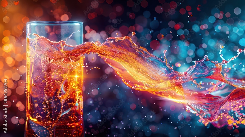 Poster a glass of liquid with a splash of color in the air