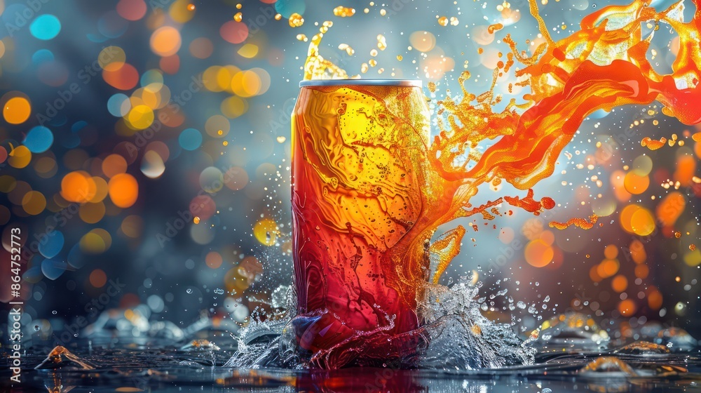 Poster A can of soda is splashing water and creating a colorful splash