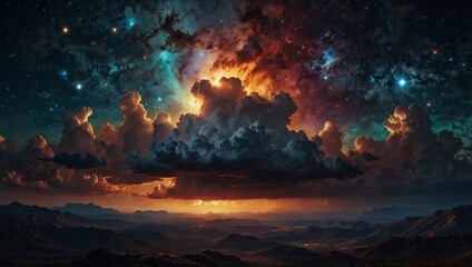 This stunning image captures the vastness and beauty of a cosmic scene, highlighting vibrant clouds and shining stars in deep space.