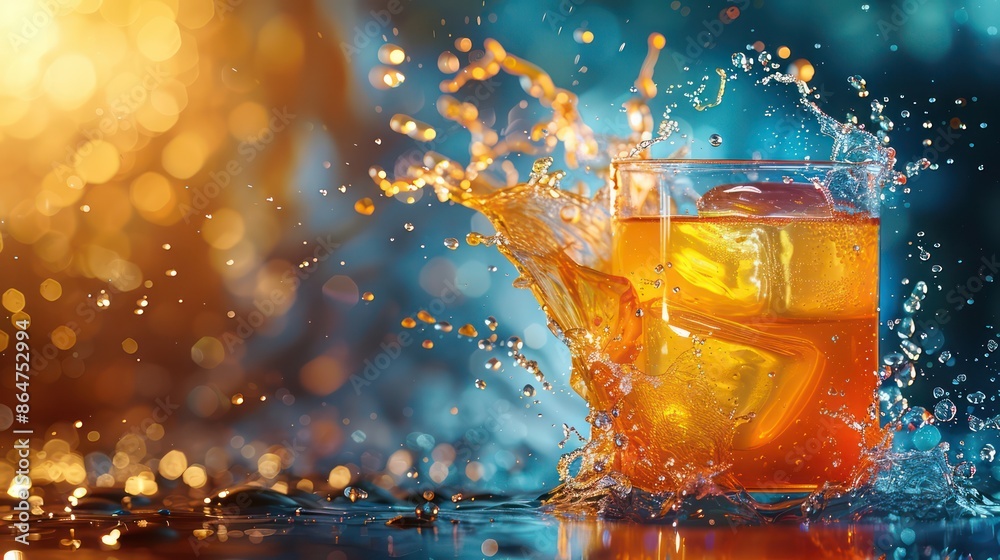 Poster a glass of orange juice with ice cubes in it is splashing water