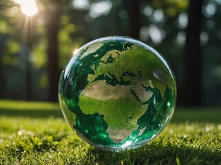 Globe glass on nature green grass background in natural sun light, Green world concept.