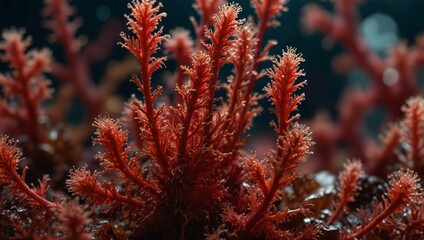 Red algae rhodophyta Abstract close-up, selective focus, and creative lighting.