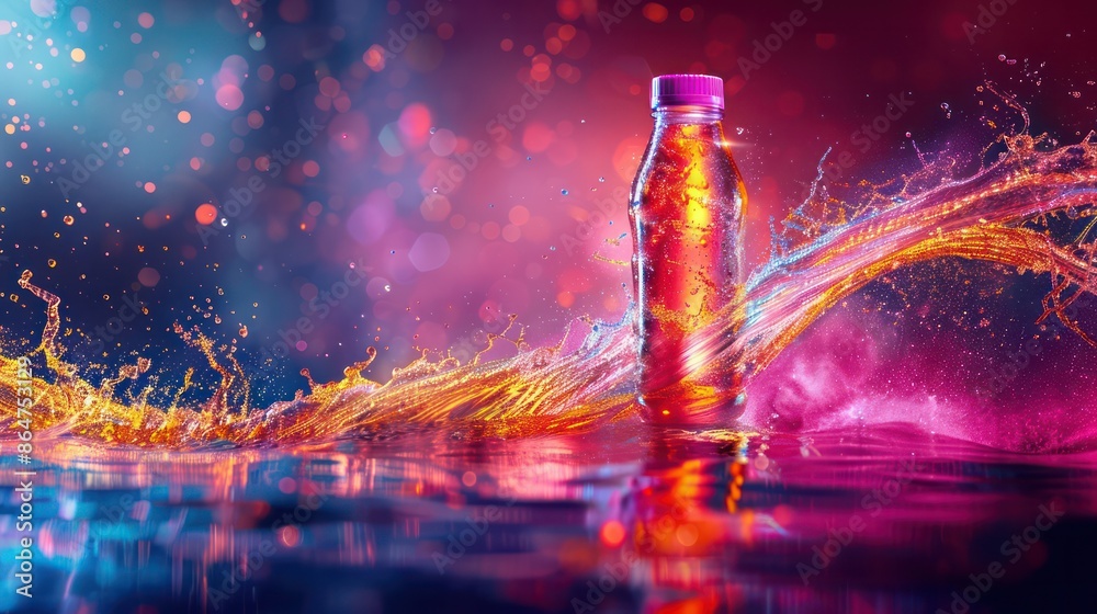 Poster A bottle of water is floating in a pool of water with a splash of color