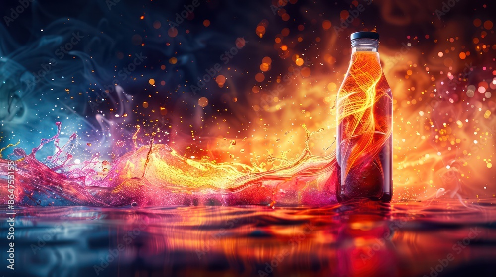 Poster a bottle of soda is floating in a pool of water with a fire in the background