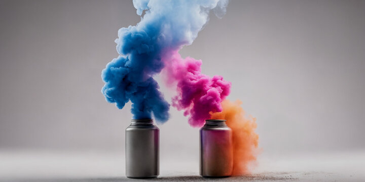 Zwei metallene Gl&auml;ser setzen gleichzeitig blauen, pinken und orangenen Rauch frei, der sich in dichten Wolken erhebt und eine lebendige und farbenfrohe Szene voller Dynamik und visueller Anziehungskra