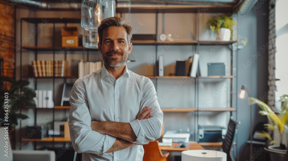 Poster A man is standing in front of a bookshelf with a smile on his face
