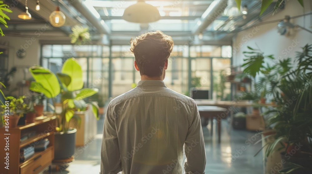 Poster a man stands in a room with plants and a window
