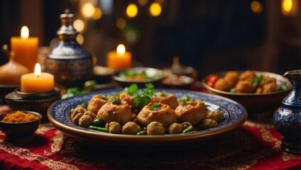 Fototapeta premium Traditional Eastern dishes on table Celebration of Eid al-Fitr.