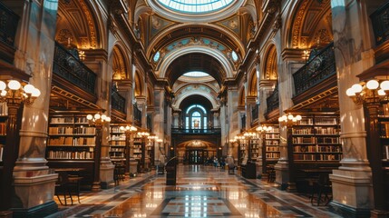 A large library with many bookshelves and a lot of light