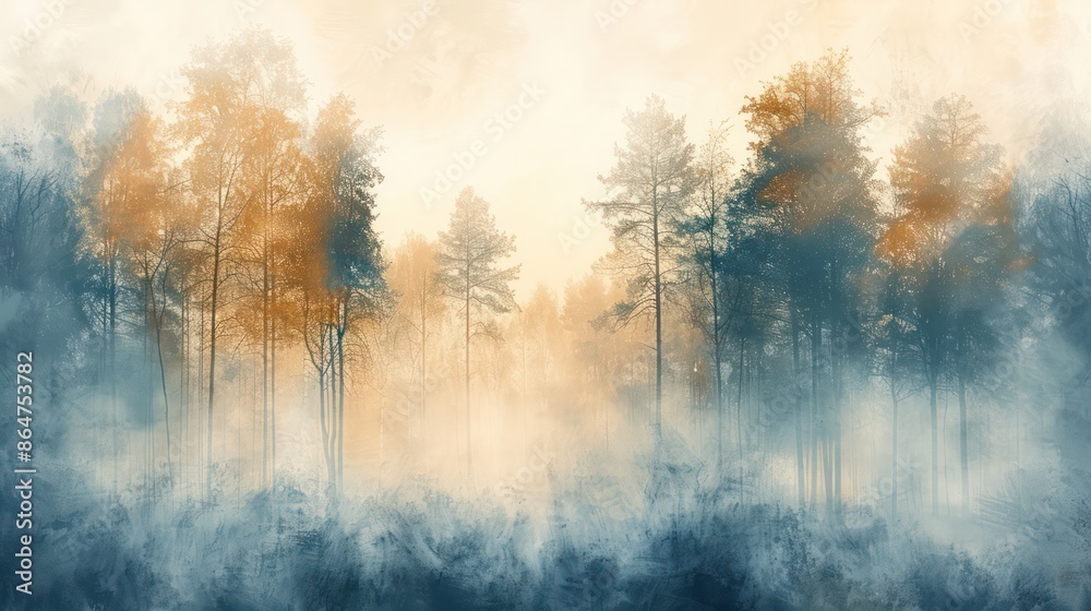Poster a forest with trees in the background and a foggy sky