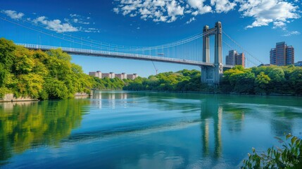 Fototapeta premium A bridge spans a river with a city in the background