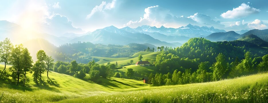 landscape with grass Beautiful green landscape with mountains and meadow in springtime, panoramic view. A photo of an idyllic countryside scene with rolling hills covered in lush grasses, and trees. 
