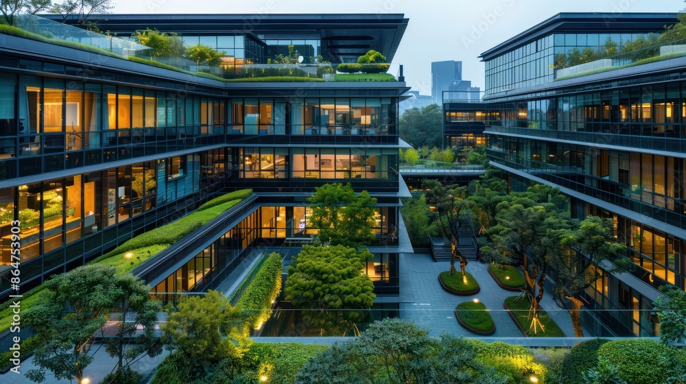 Poster a large building with a green roof and a courtyard in the middle