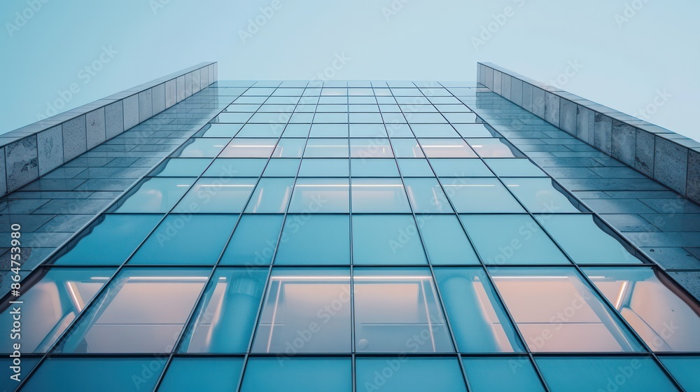Poster a tall building with many windows and a clear blue sky in the background