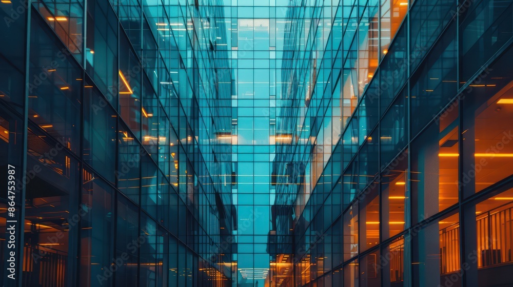 Poster A tall building with many windows and a blue sky in the background