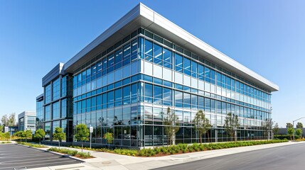 Fototapeta premium A large glass building with a green lawn in front of it