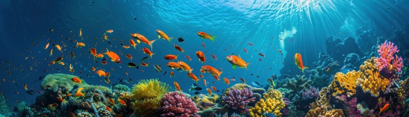 A colorful coral reef with a variety of fish swimming around