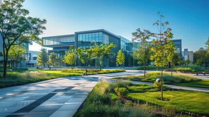 Fototapeta premium A large building with a green roof and a courtyard in front of it