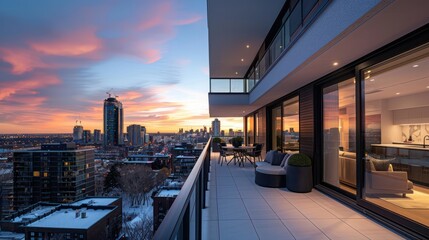 Obraz premium A city skyline with a beautiful sunset in the background