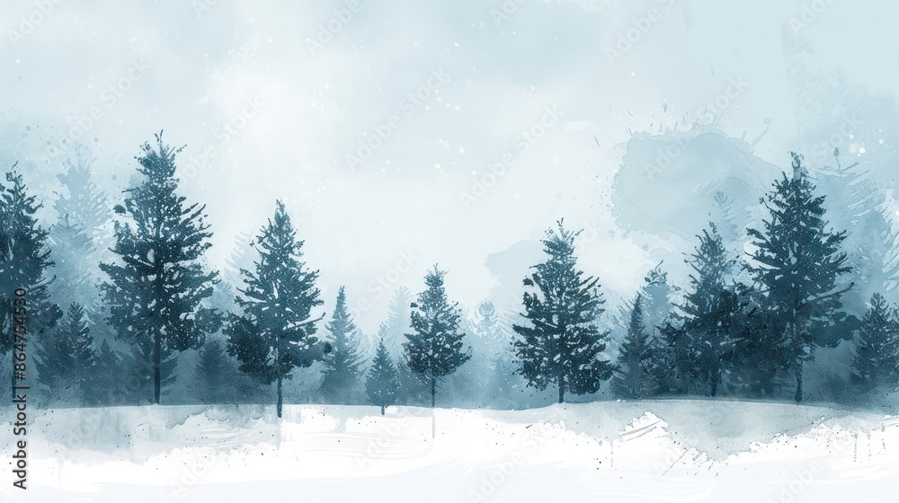 Aufkleber a snowy landscape with a row of pine trees