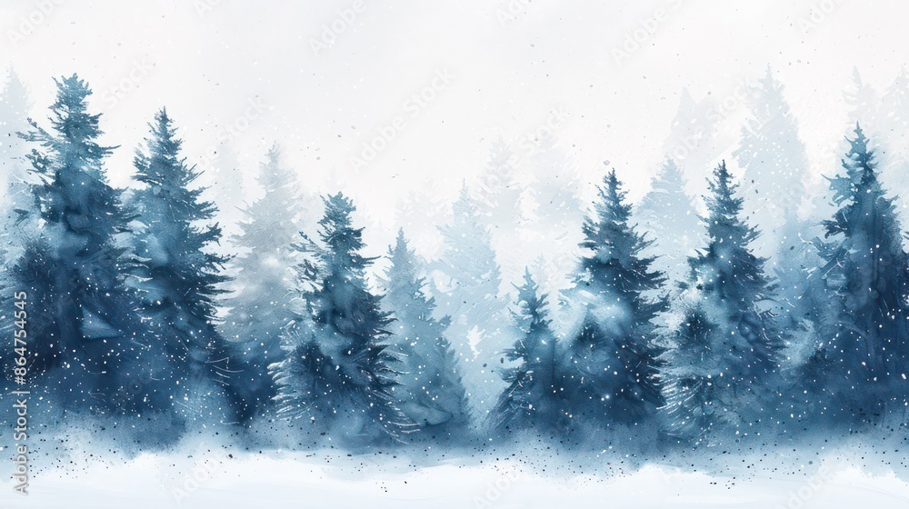 Poster a painting of a forest with snow on the ground and trees