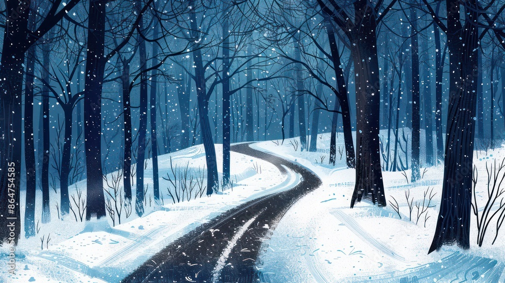 Poster a snowy forest road with trees in the background