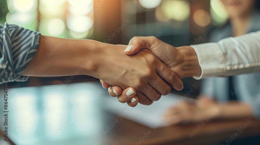 Poster Two people shaking hands in front of a table with a piece of paper on it
