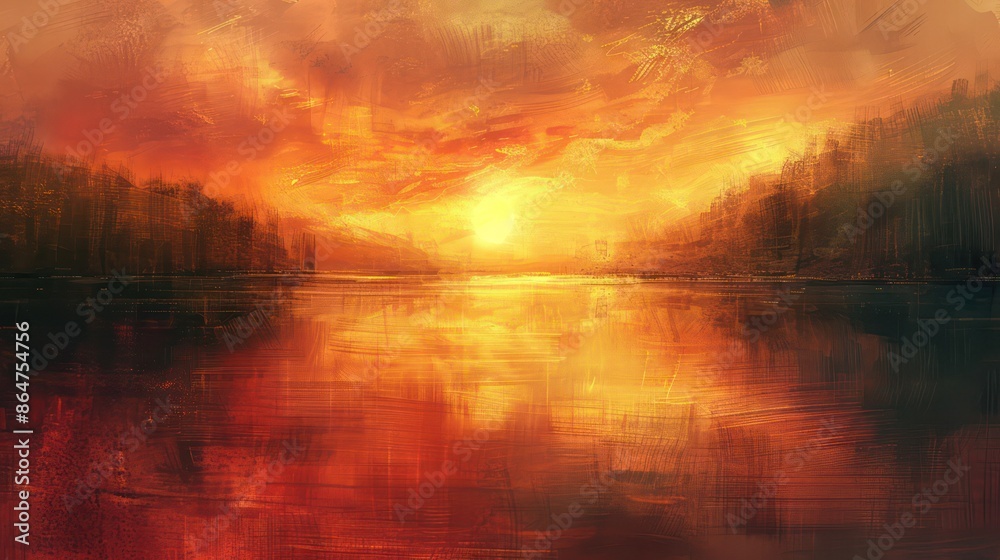 Poster a painting of a sunset over a lake with trees in the background