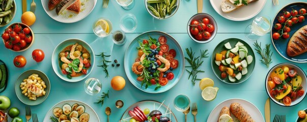 A vibrant spread of healthy, colorful dishes on a turquoise table, featuring vegetables, fruits,...