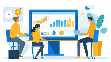 A group of people are working on a computer monitor with graphs and charts